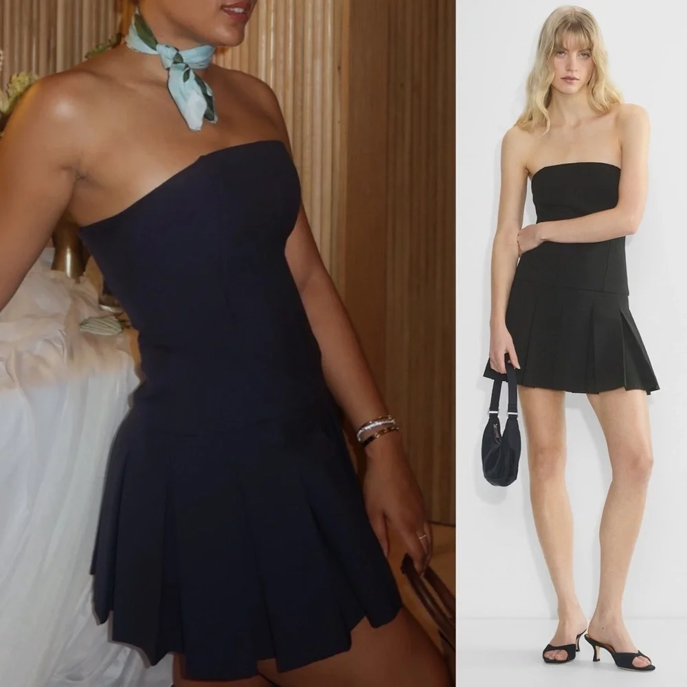 Aritzia- Wilfred Polished Dress Size 8 in Heather Black Strapless Mini Pleated